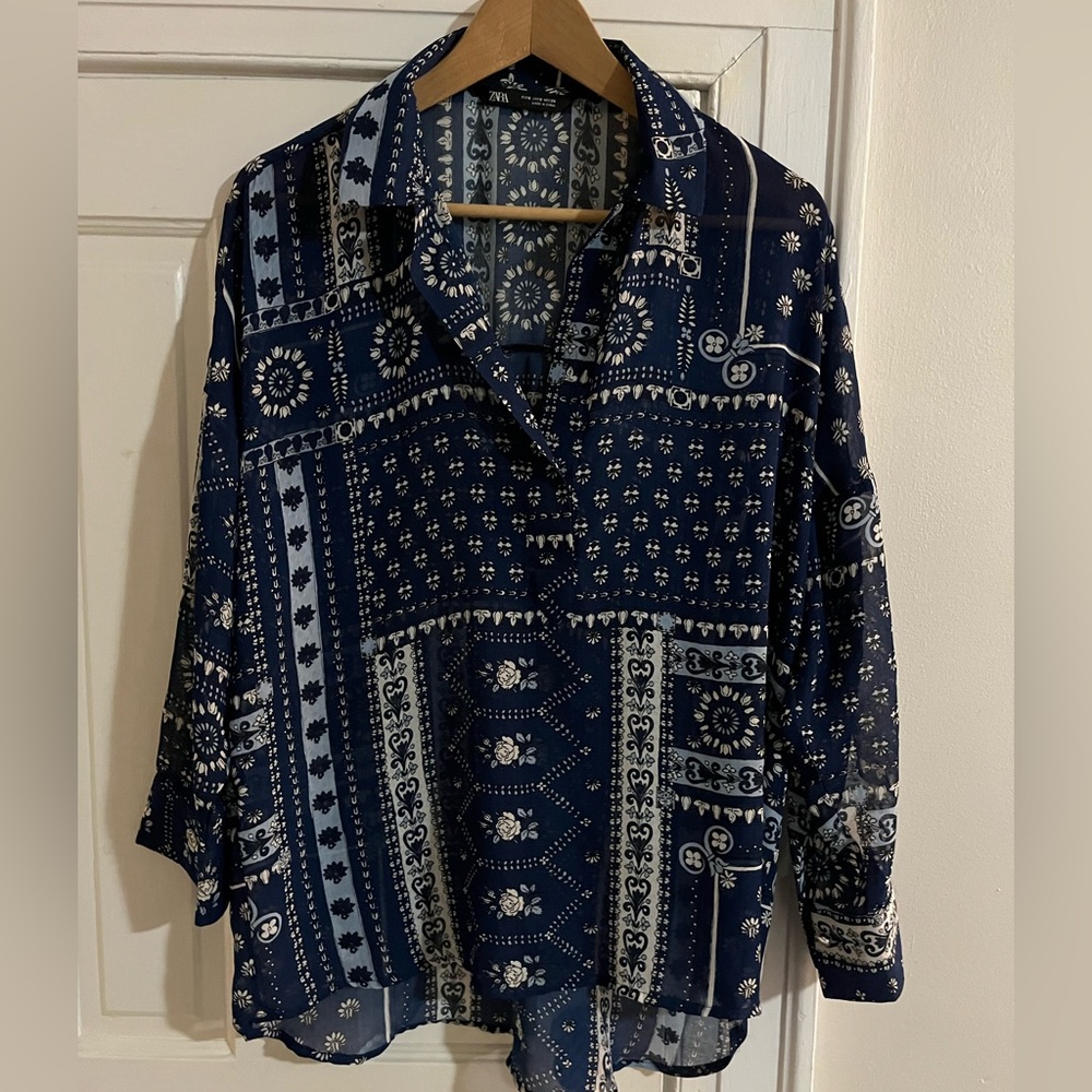 Zara Woman Long Sleeved Top Boho Pattern!! Size Small Oversized Sheer!